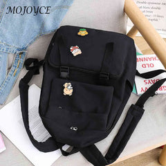 Canvas Backpack Solid Badges Zip Open Pocket Large Capacity