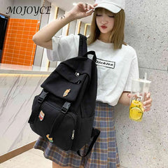 Canvas Backpack Solid Badges Zip Open Pocket Large Capacity