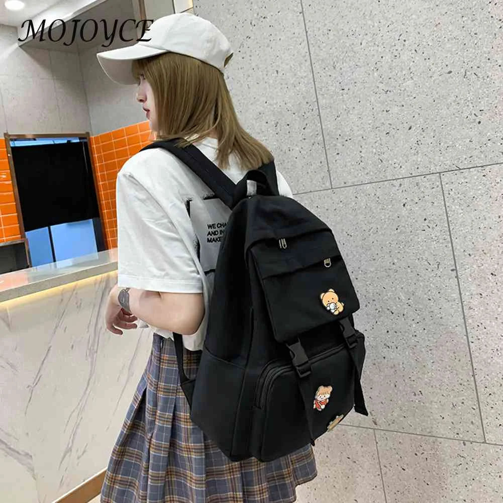 Canvas Backpack Solid Badges Zip Open Pocket Large Capacity