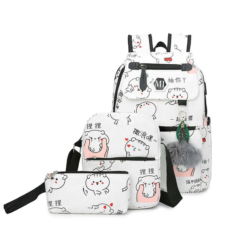 USB Charging Canvas Backpack 3 Pcs/set Women School Backpacks Schoolbag