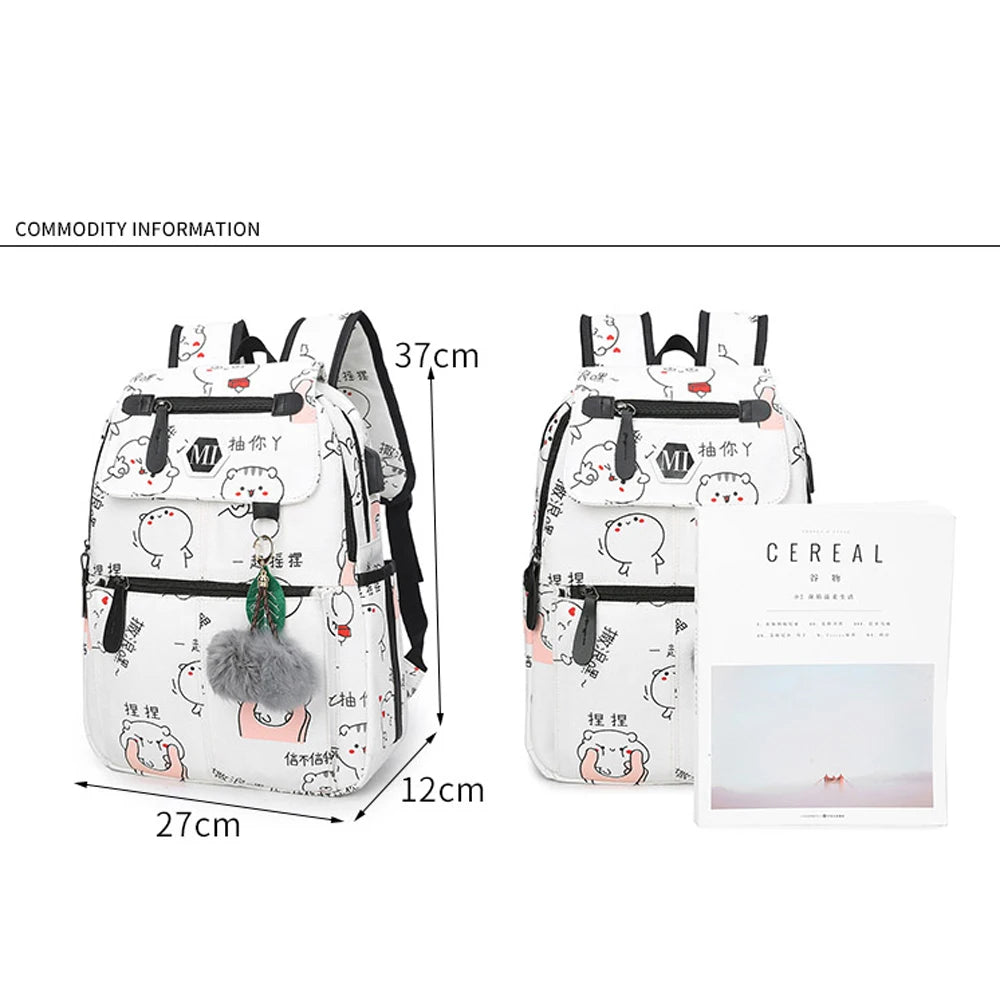 USB Charging Canvas Backpack 3 Pcs/set Women School Backpacks Schoolbag
