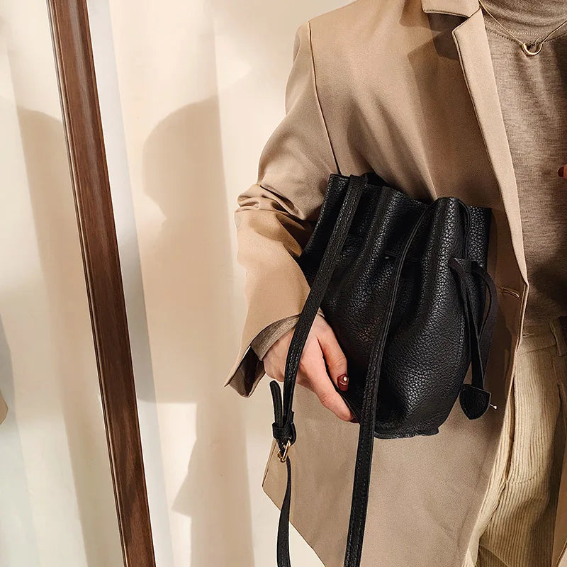 Vintage Soft PU Leather Bucket Crossbody Bag for Women Handbag Clutch