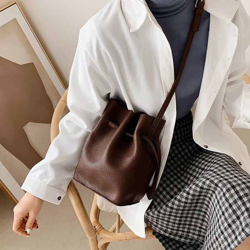 Vintage Soft PU Leather Bucket Crossbody Bag for Women Handbag Clutch