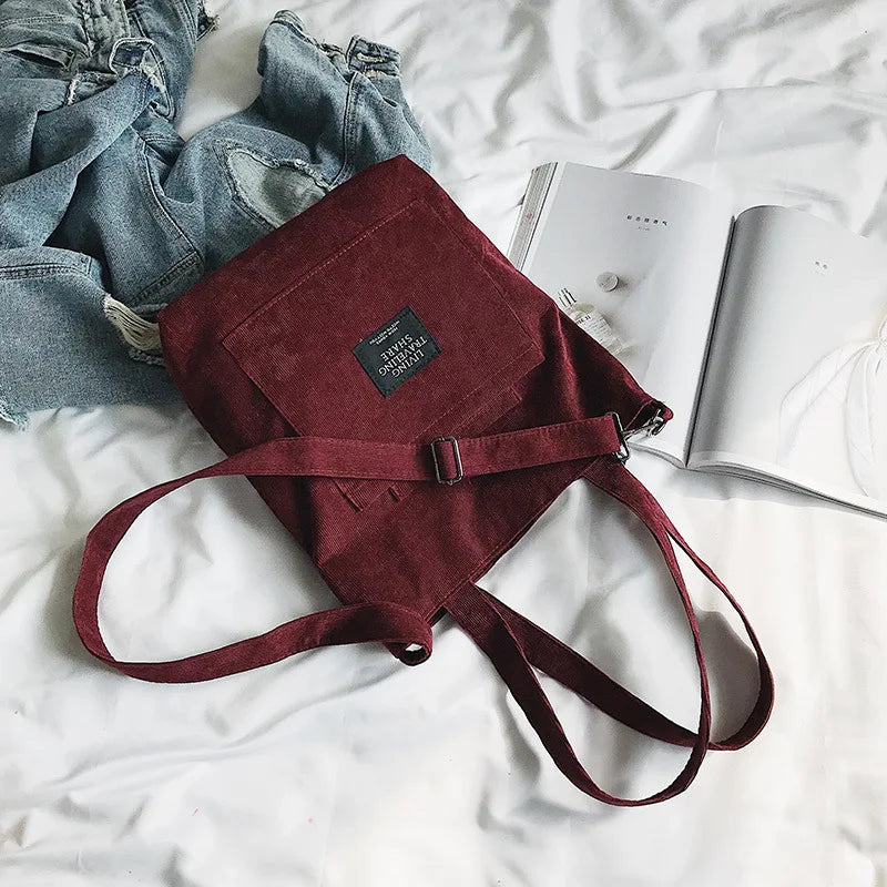 Women Corduroy Zipper Shoulder Bag Casual Tote Eco Crossbody Bag