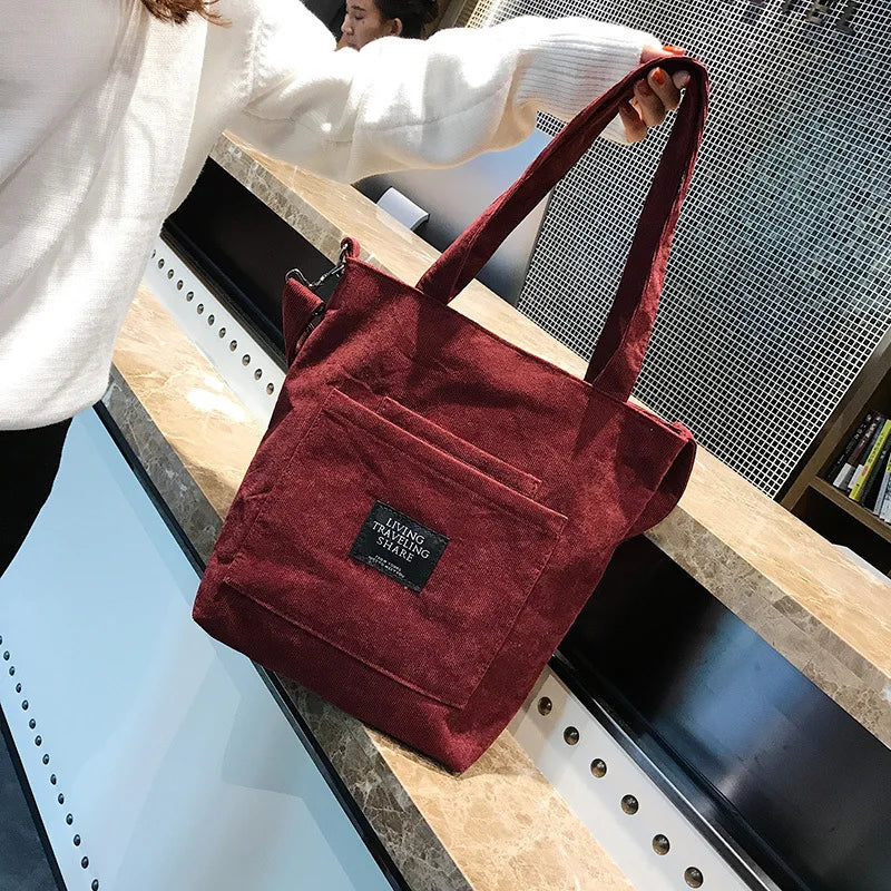 Women Corduroy Zipper Shoulder Bag Casual Tote Eco Crossbody Bag