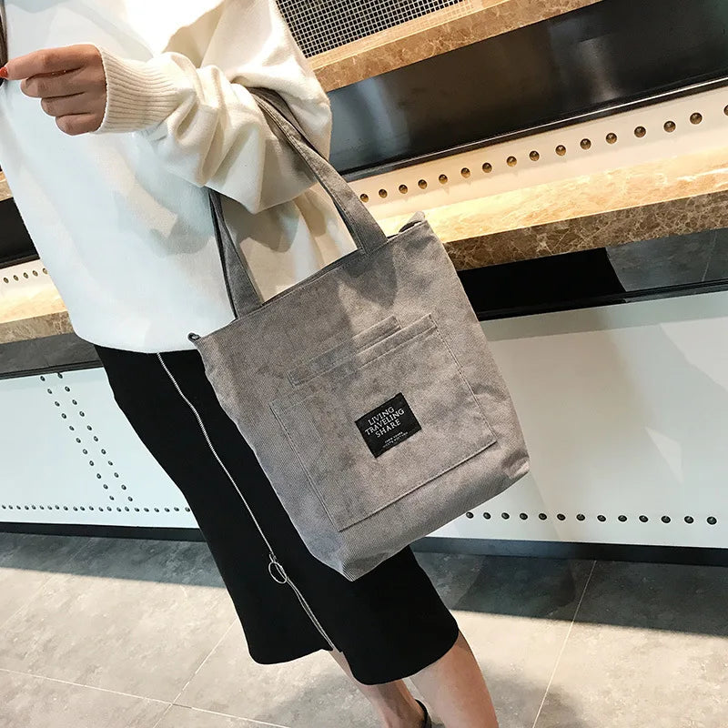 Women Corduroy Zipper Shoulder Bag Casual Tote Eco Crossbody Bag