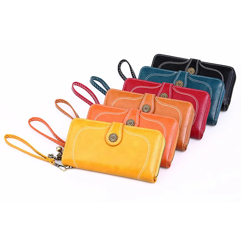 Women's Leather Clutch Wallet Long Purse Zipper Retro Money Bag