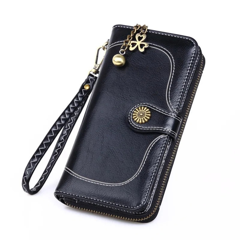 Women's Leather Clutch Wallet Long Purse Zipper Retro Money Bag