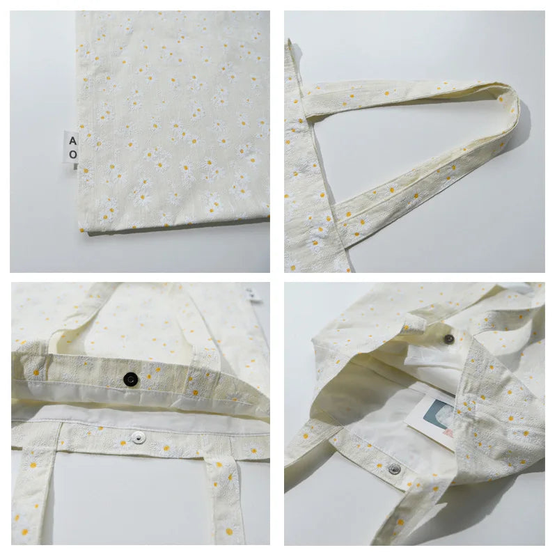 Casual Canvas Shoulder Bag with Large Capacity Embossed Daisy Handbag