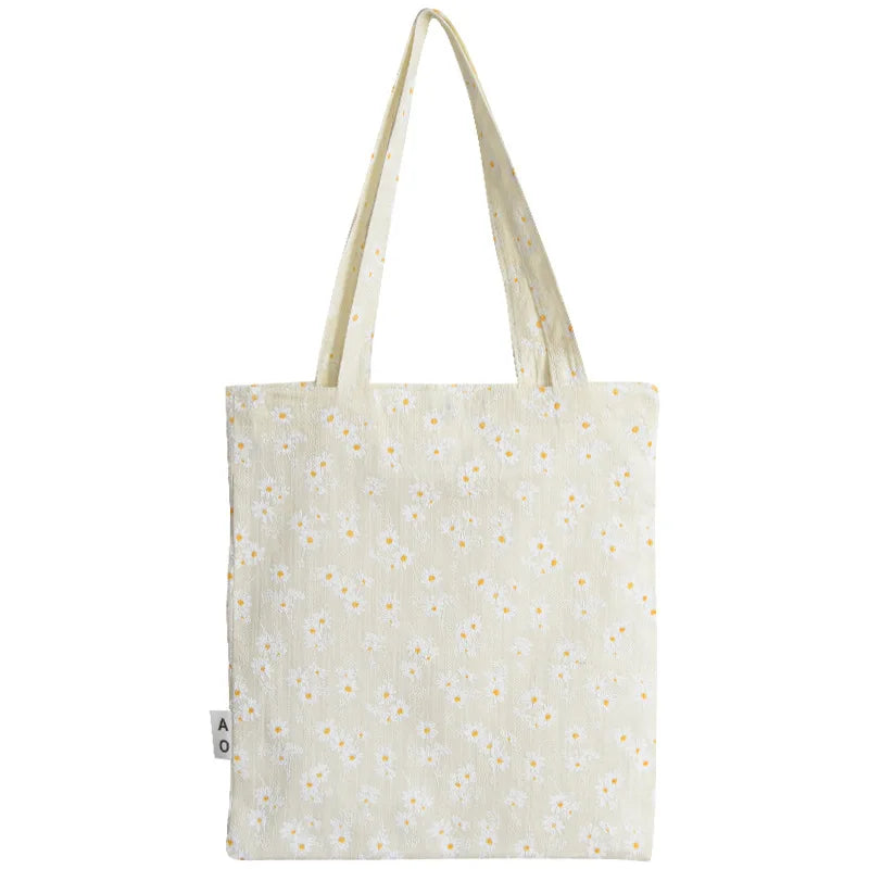 Casual Canvas Shoulder Bag with Large Capacity Embossed Daisy Handbag