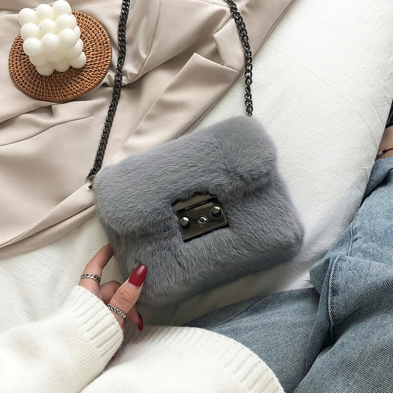 Mink Fur Small Square Bag Hand-Carrying One-Shoulder Messenger Bag