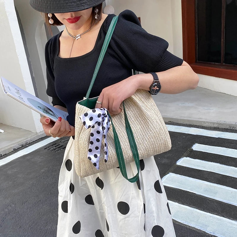 One-Shoulder Straw Woven Beach Bag Large Capacity Bucket Bag