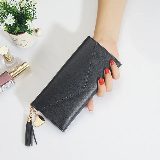 Long Student Wallet with Love Pendant Tassel Buckle