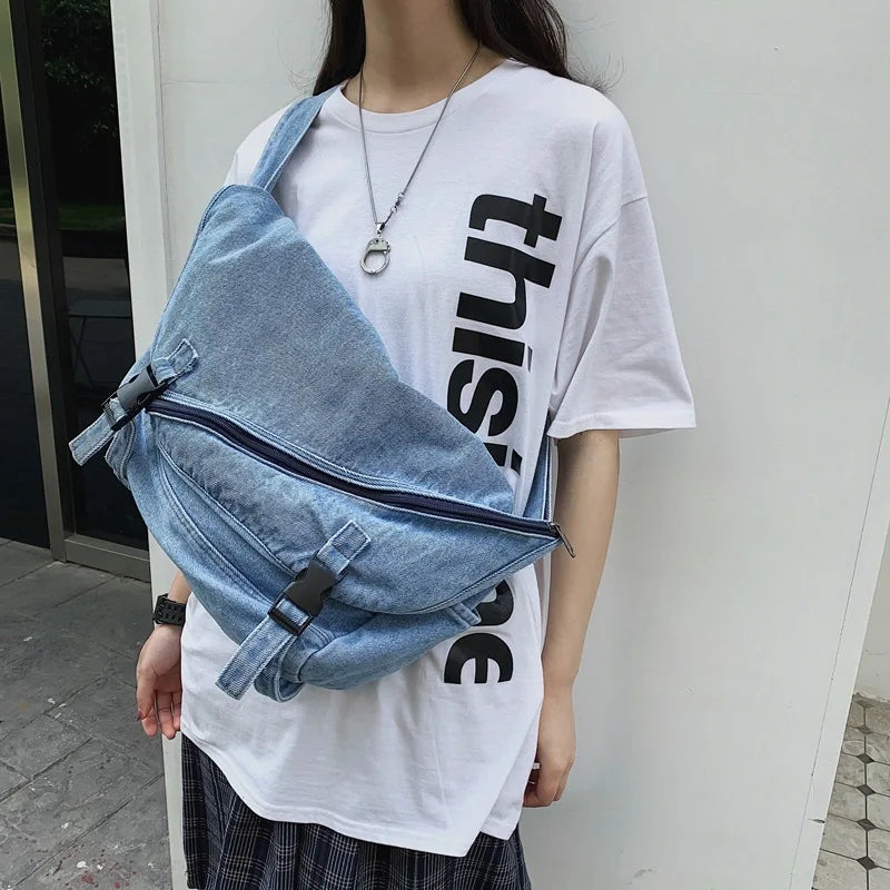 Retro Washed Denim Large Bag Casual Messenger Satchel