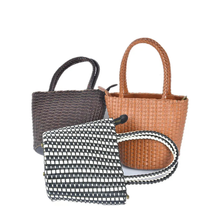 Spring and Retro Leather Hand-Woven Bag Japanese Bucket Bag
