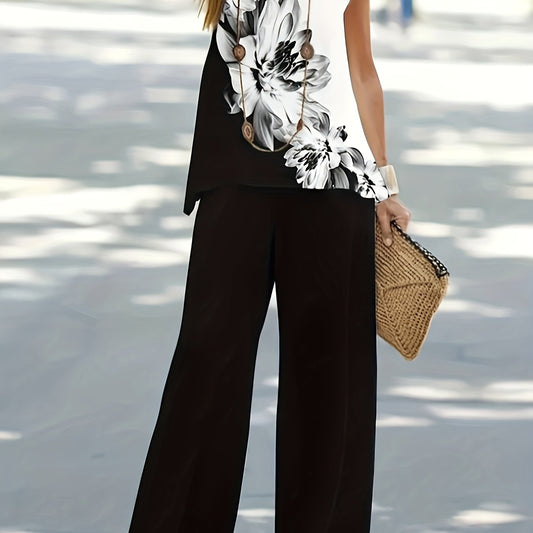 Floral Print Block Top & Solid Wide Leg Pants Set