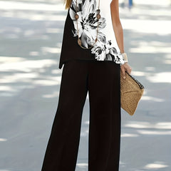 Floral Print Block Top & Solid Wide Leg Pants Set