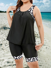 Modest Tankini Set Women's Plus Graphic Print Tank Top & Shorts Swimsu