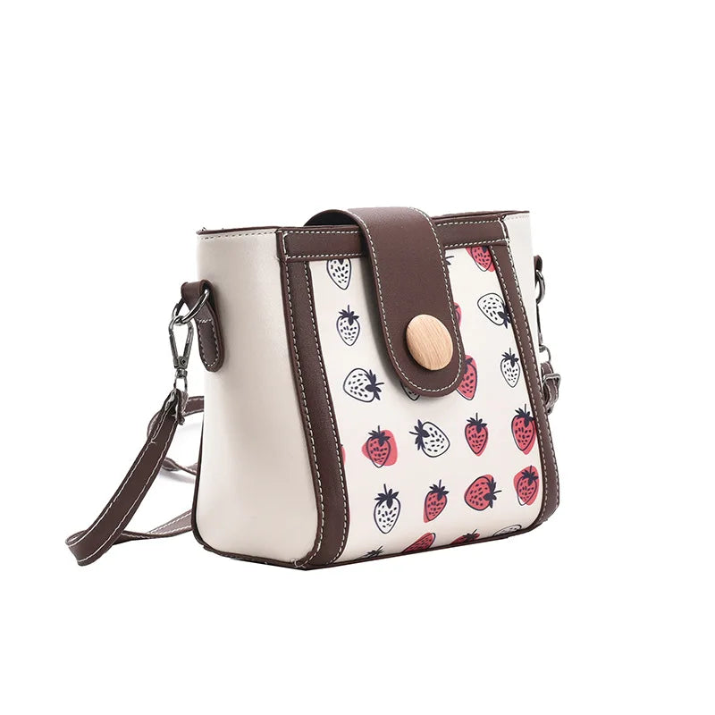 Strawberry Pattern Bucket Bag Set PU Leather Crossbody