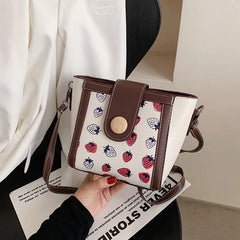 Strawberry Pattern Bucket Bag Set PU Leather Crossbody