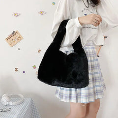 Small Faux Fur Tote Handbag for Women Plush Shoulder Bag
