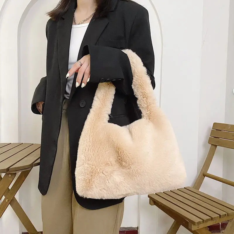Small Faux Fur Tote Handbag for Women Plush Shoulder Bag