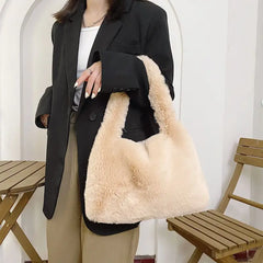 Small Faux Fur Tote Handbag for Women Plush Shoulder Bag