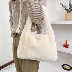 Small Faux Fur Tote Handbag for Women Plush Shoulder Bag
