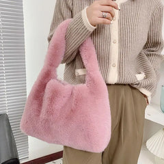 Small Faux Fur Tote Handbag for Women Plush Shoulder Bag