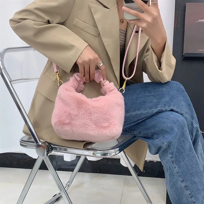 Autumn Winter Mink Fur Handle Bags Phone Cosmetics Single Shoulder Messenger Bag