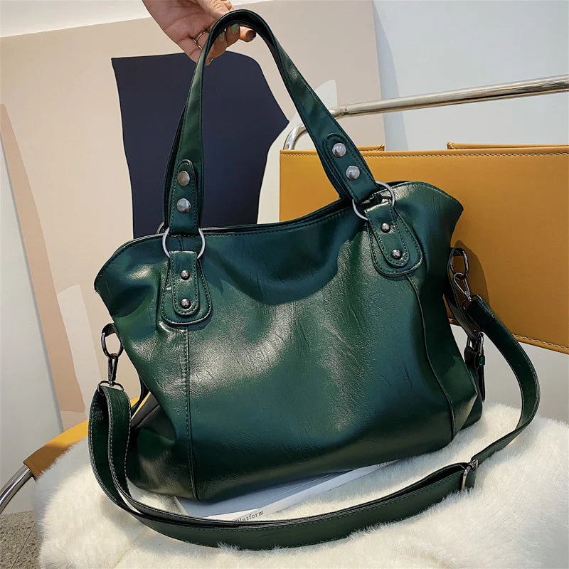 Green Shoulder Bag Large Capacity Soft Leather Crossbody Handbag Travel Tote