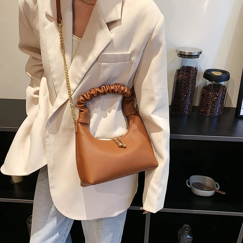 Pleated Handlebag Women Hobo Bags Retro Casual Shopping Chain Bag