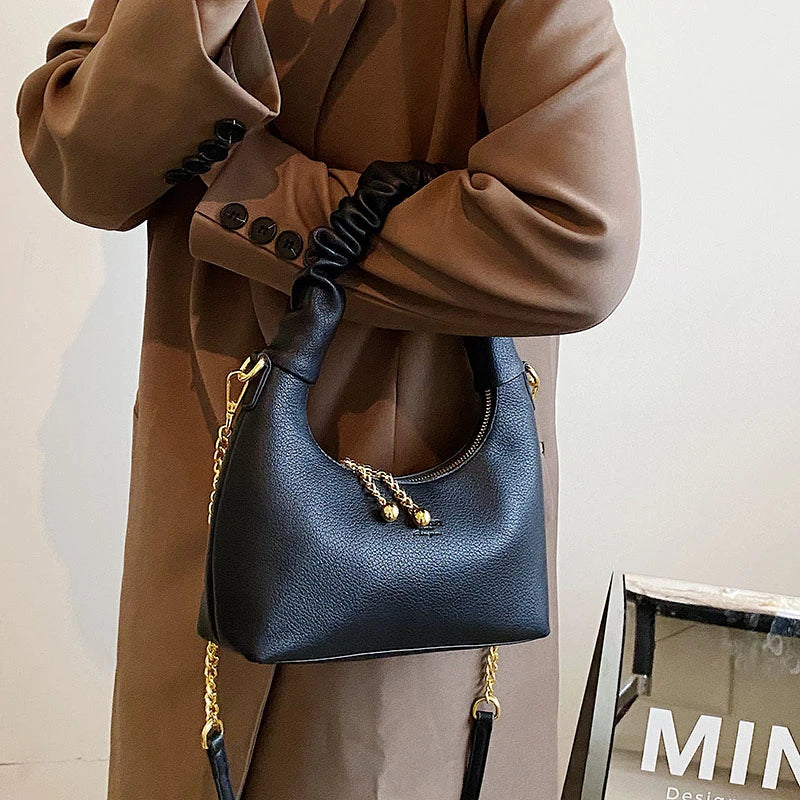 Pleated Handlebag Women Hobo Bags Retro Casual Shopping Chain Bag