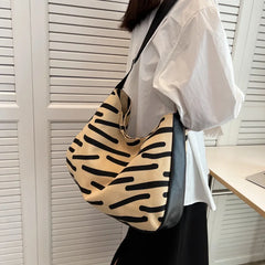 Striped Retro Shoulder Bag Women Casual Tote Bag Large Capacity Handbag