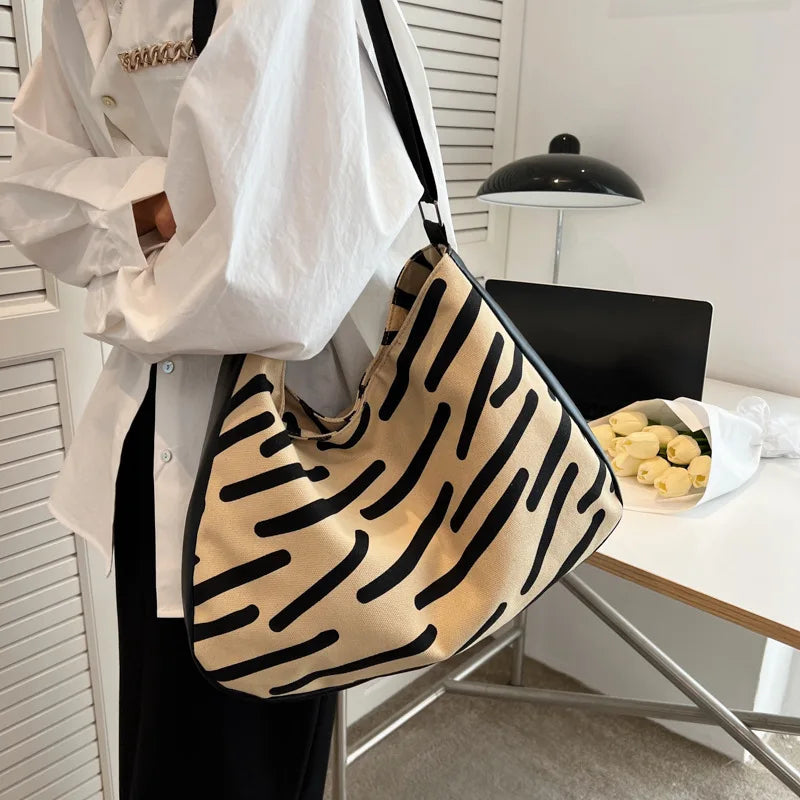 Striped Retro Shoulder Bag Women Casual Tote Bag Large Capacity Handbag