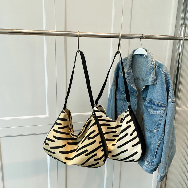 Striped Retro Shoulder Bag Women Casual Tote Bag Large Capacity Handbag