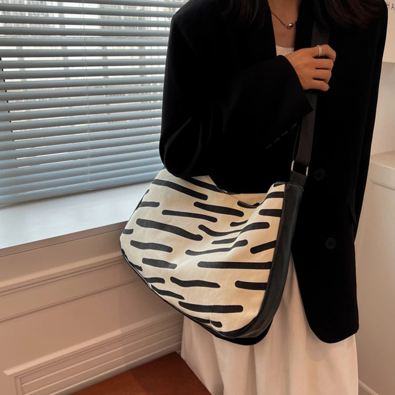 Striped Retro Shoulder Bag Women Casual Tote Bag Large Capacity Handbag