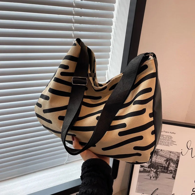 Striped Retro Shoulder Bag Women Casual Tote Bag Large Capacity Handbag