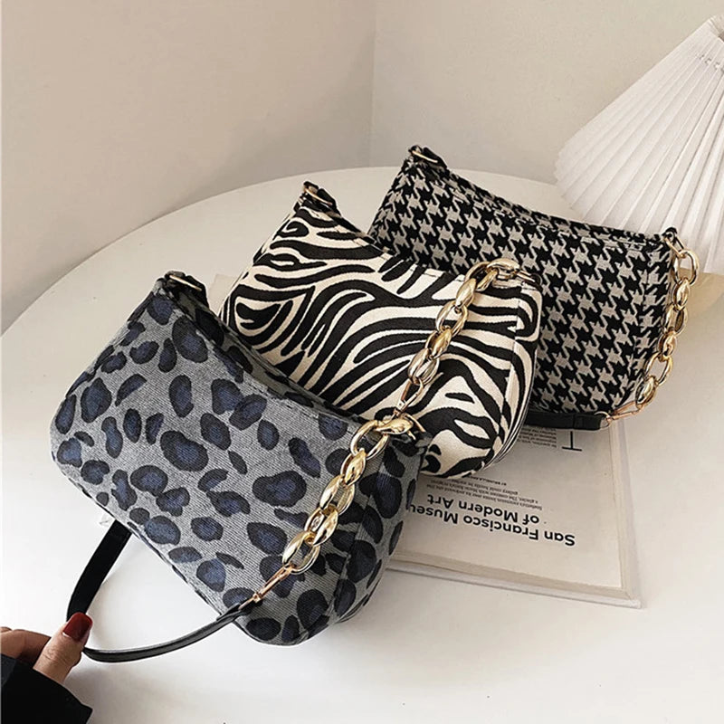 Leopard Lattice Zipper Shoulder Bag for Women