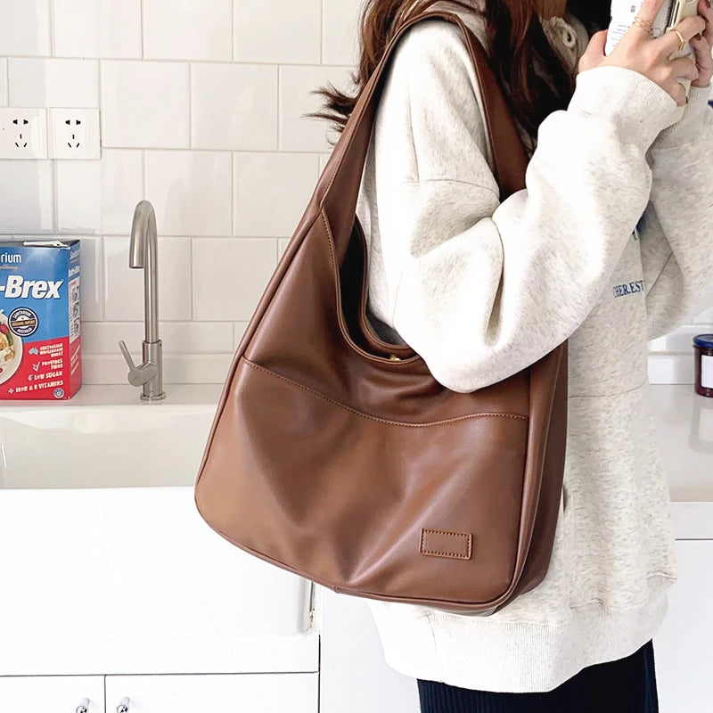 Casual Shoulder Bag Large Capacity PU Leather Wide Straps Tote Bag
