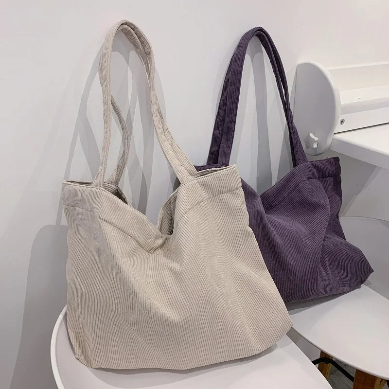 Corduroy Shopper Tote Bag Zipper Large Capacity Winter Handbag