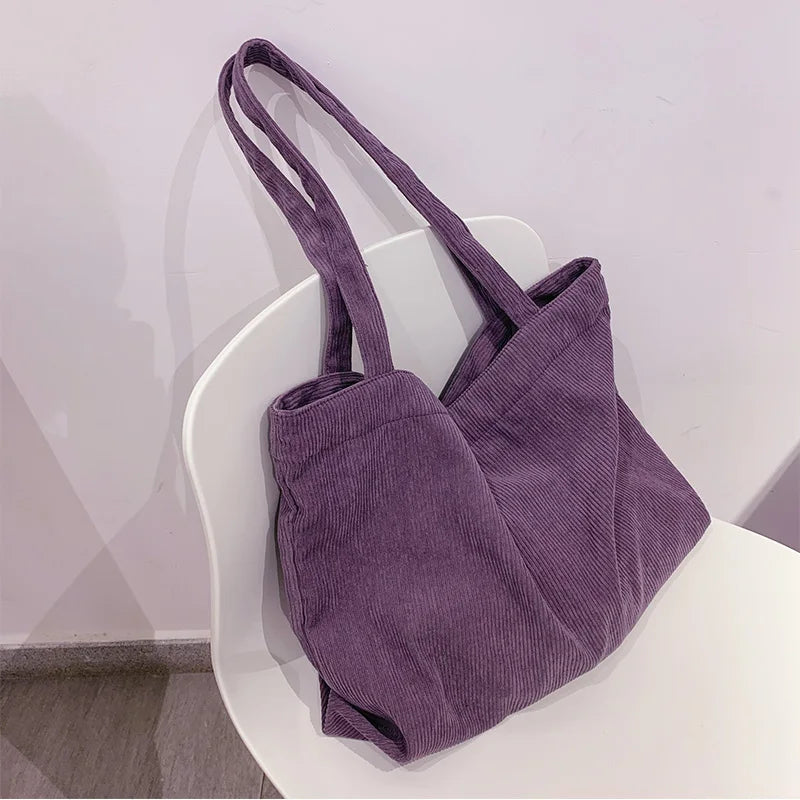 Corduroy Shopper Tote Bag Zipper Large Capacity Winter Handbag