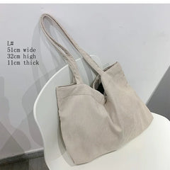 Corduroy Shopper Tote Bag Zipper Large Capacity Winter Handbag