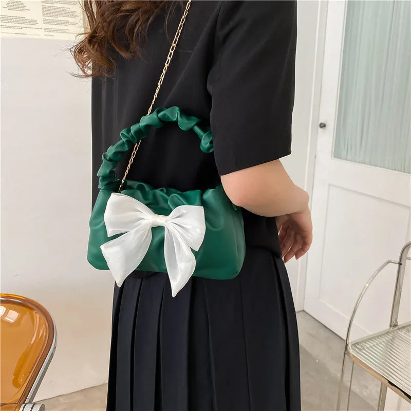 Bow Shoulder Crossbody Chain Pleated Sling Bag for Women