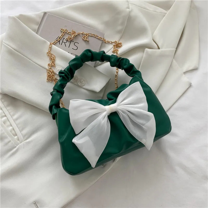 Bow Shoulder Crossbody Chain Pleated Sling Bag for Women