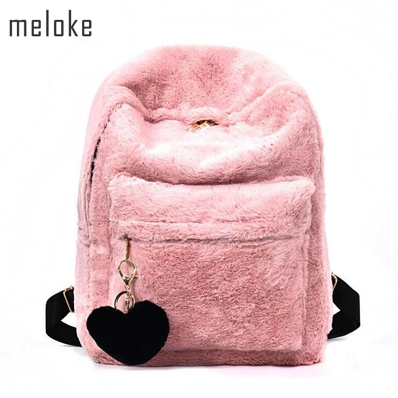 Plush Faux Fur Backpack w/ Heart Pendant - Pink