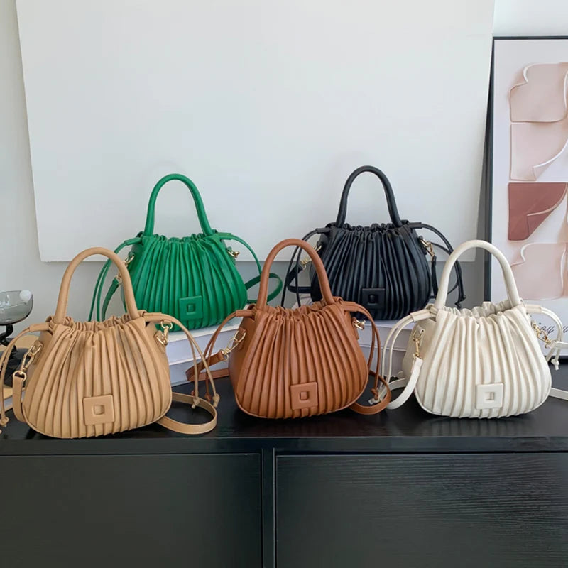 Women PU Leather Drawstring Bucket Bags Shoulder Bag Small Handbags