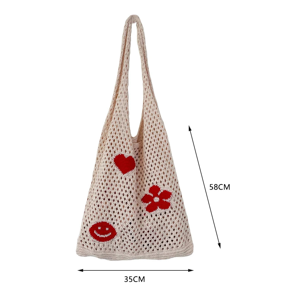 Knitted Large Capacity Shoulder Bag Ladies Casual Beach Mesh Hollow Flower Woven
