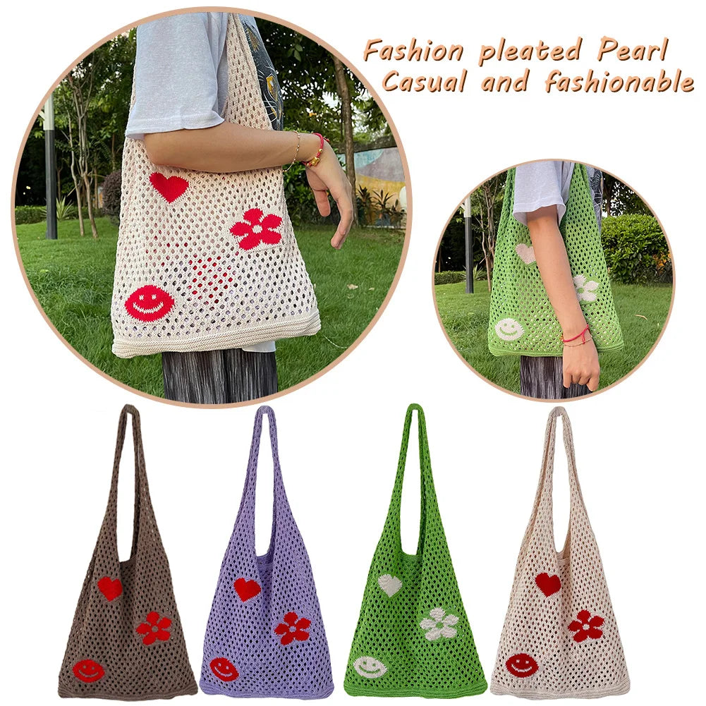 Knitted Large Capacity Shoulder Bag Ladies Casual Beach Mesh Hollow Flower Woven