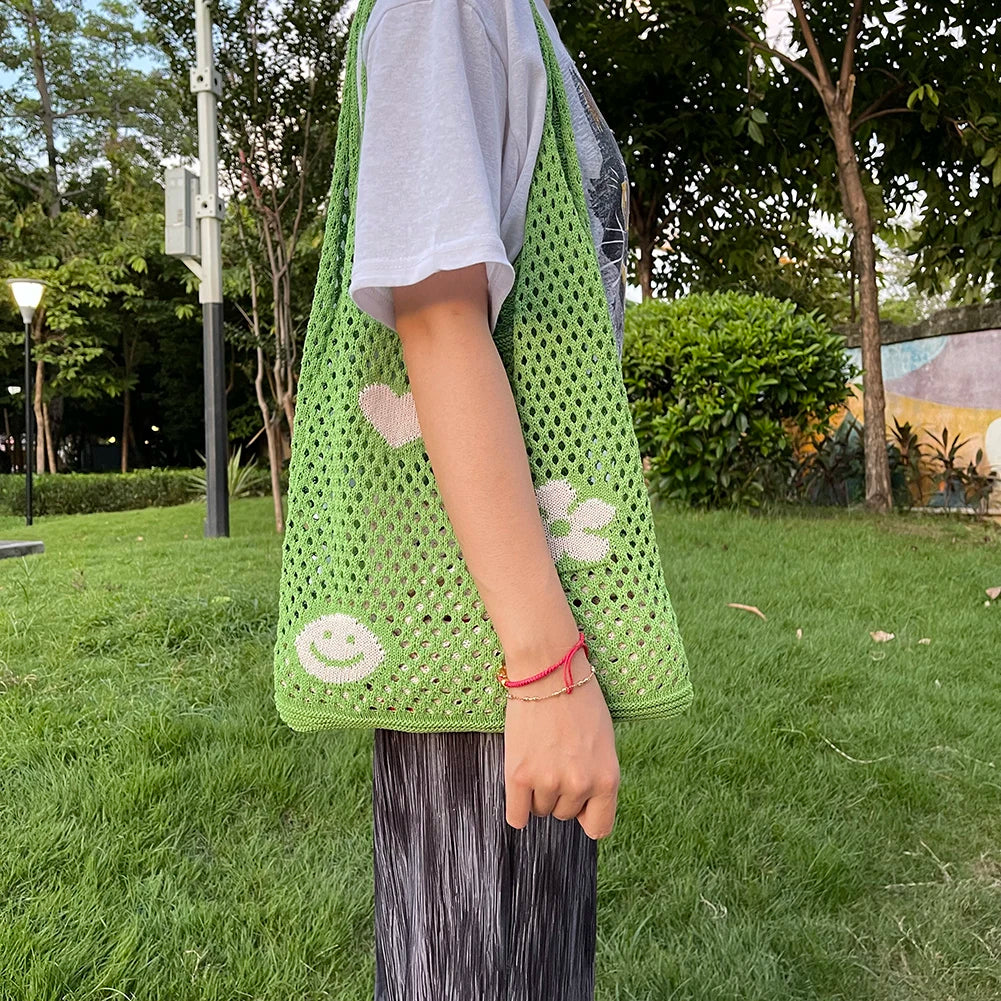 Knitted Large Capacity Shoulder Bag Ladies Casual Beach Mesh Hollow Flower Woven